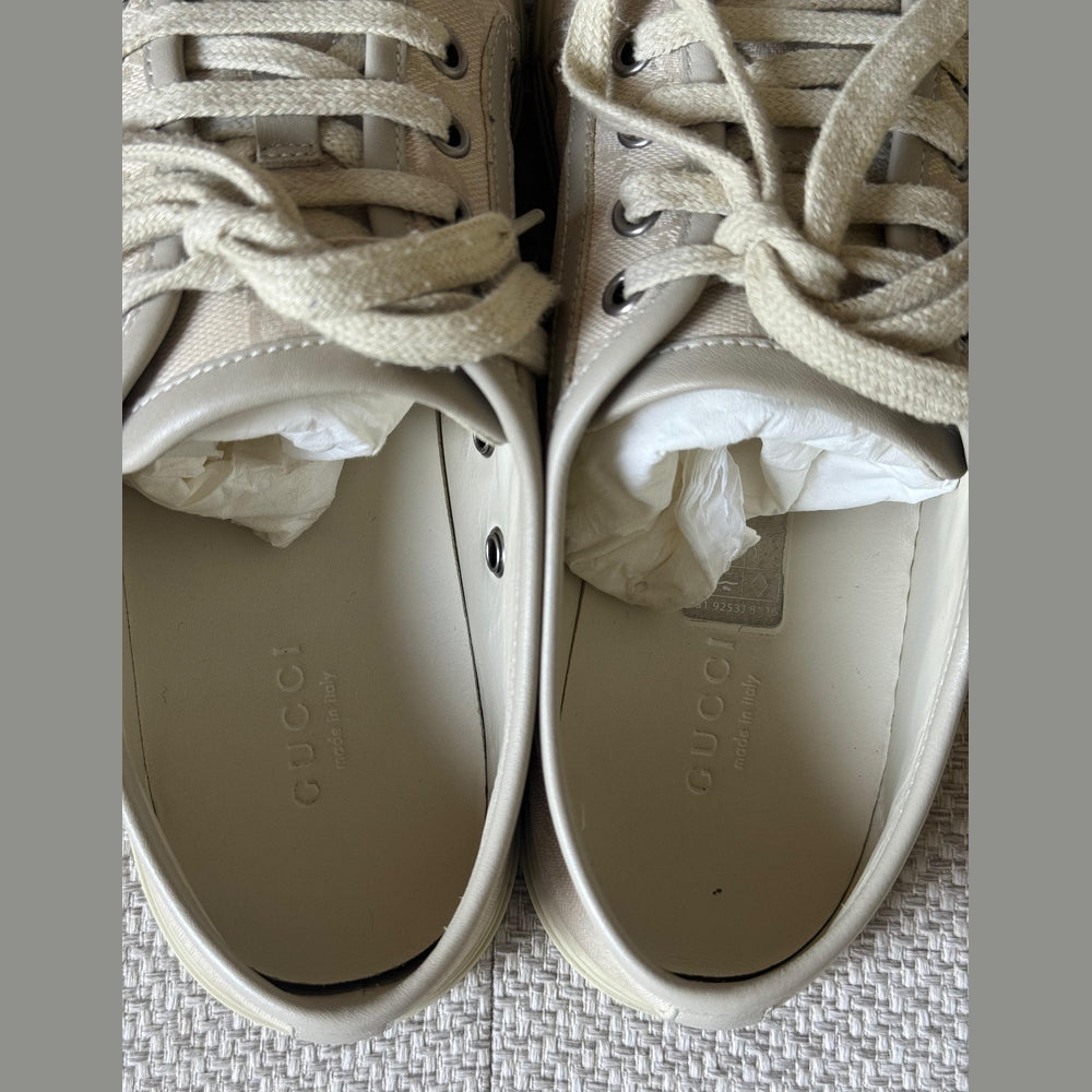 Gucci Off-White Leather and Canvas GG Low Top Sneakers - Size 38