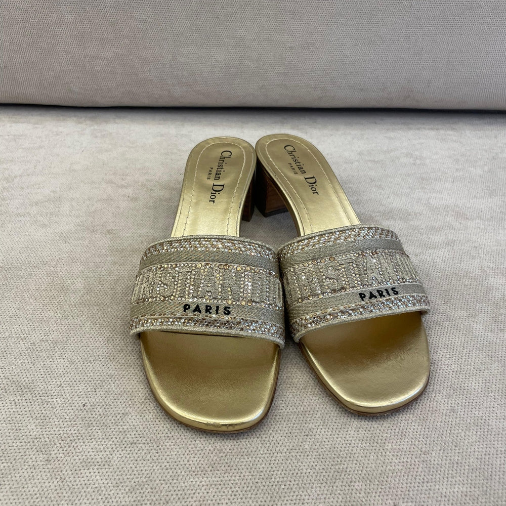 Christian Dior Black & Gold Dway Low Heel Slides - Size 38.5