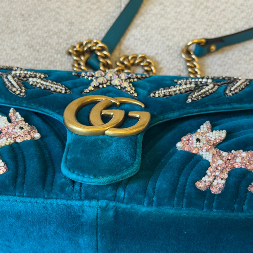 Gucci Velvet Embellished GG Marmont Shoulder Bag