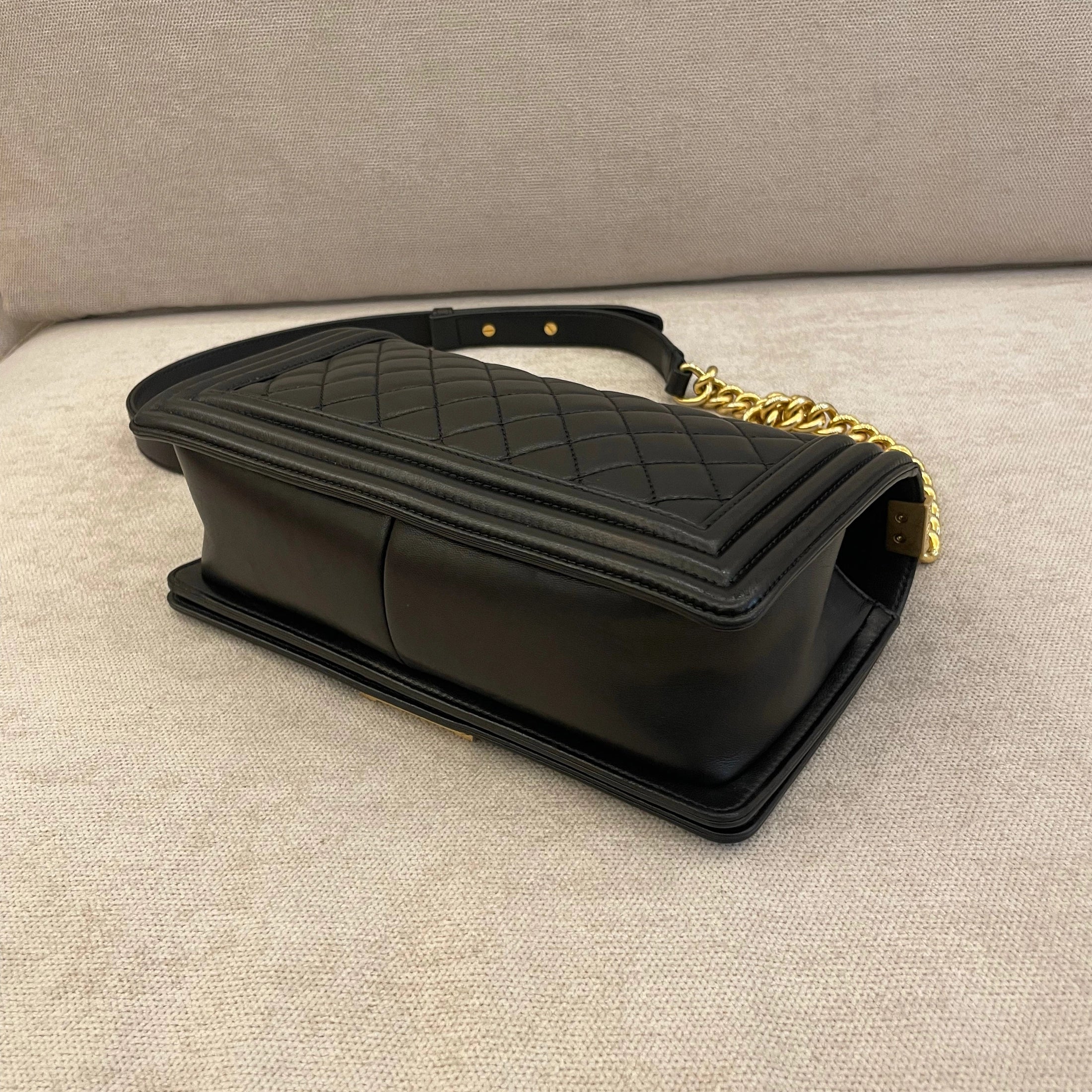 Chanel Black Calfskin Old Medium Boy with Gold Hardware