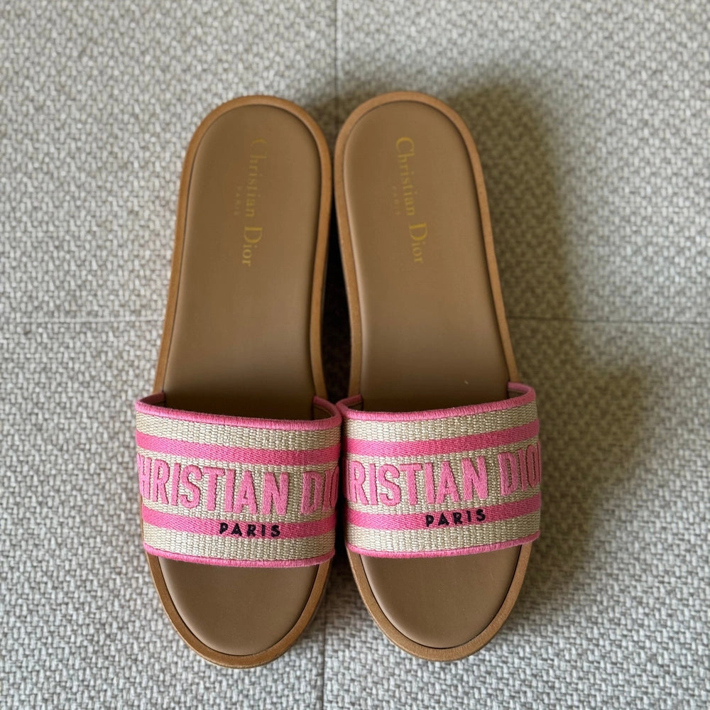 Christian Dior Dioriviera Dway Platform Slide Natural Raffia and Candy Pink Embroidered Cotton - Size 39