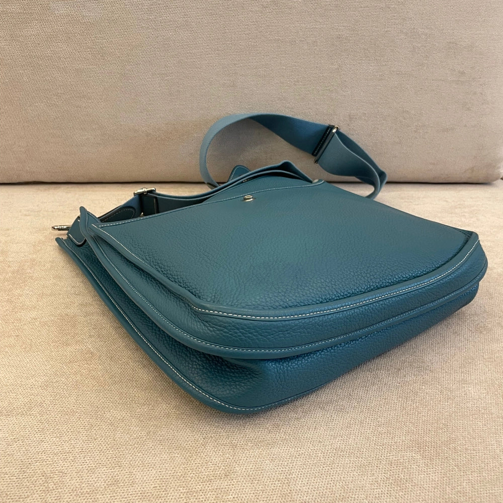 Hermès Evelyne GM in Blue Clemence Leather with Crossbody Strap and Entrupy Certificate