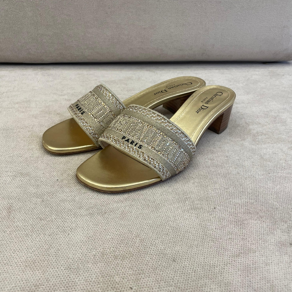Christian Dior Black & Gold Dway Low Heel Slides - Size 38.5