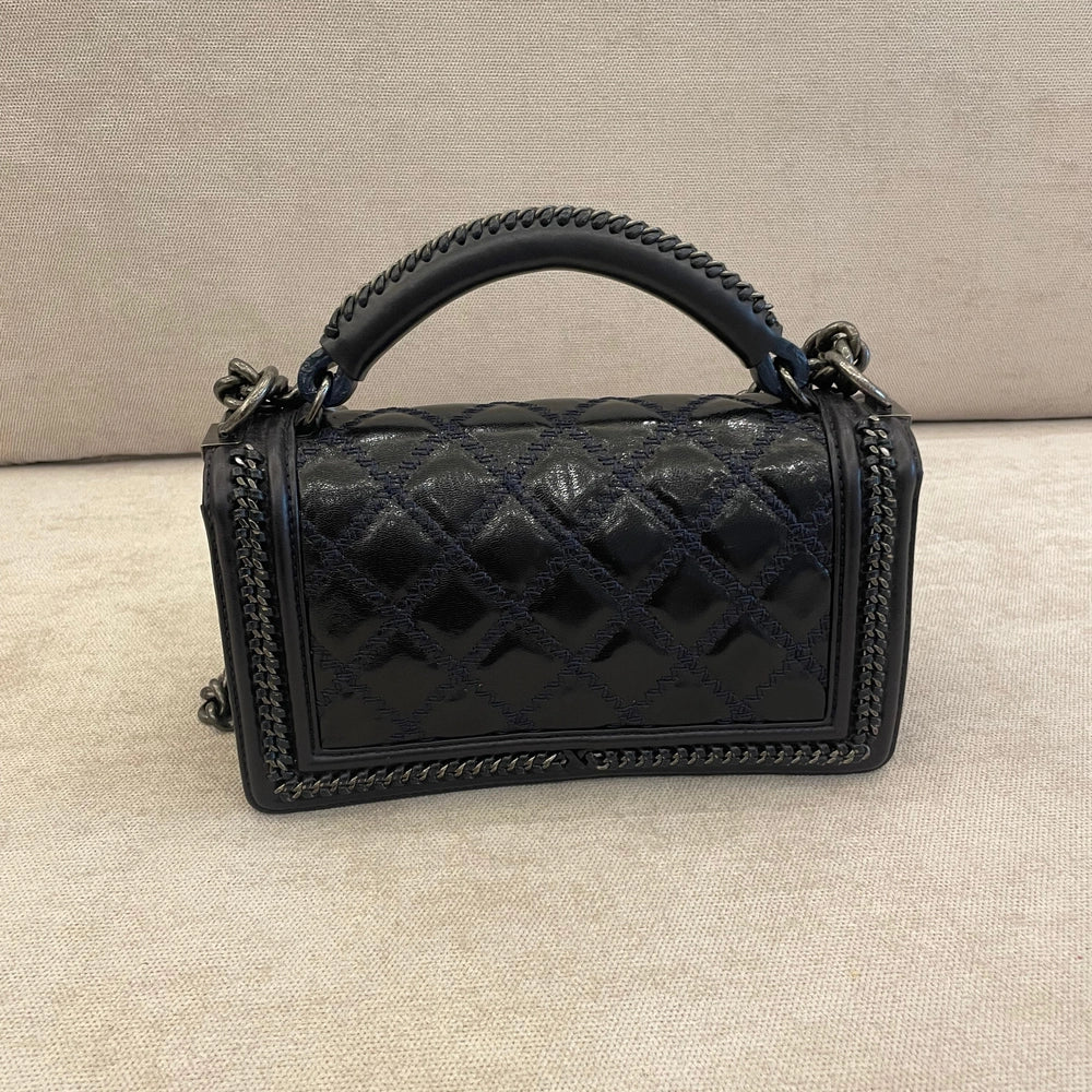 Chanel Medium Dark Blue Quilted Leather Wild Stitch Chain Boy Top Handle with Strap