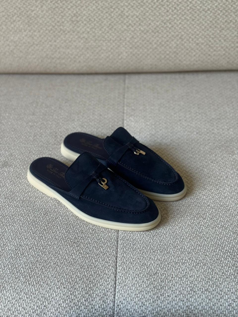 Loro Piana Summer Charms Walk Mules in Suede Blue - Size 38.5