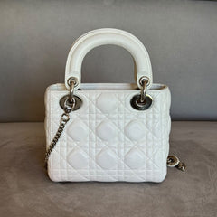Christian Dior White Mini Lady Dior Bag with Strap (Restored)