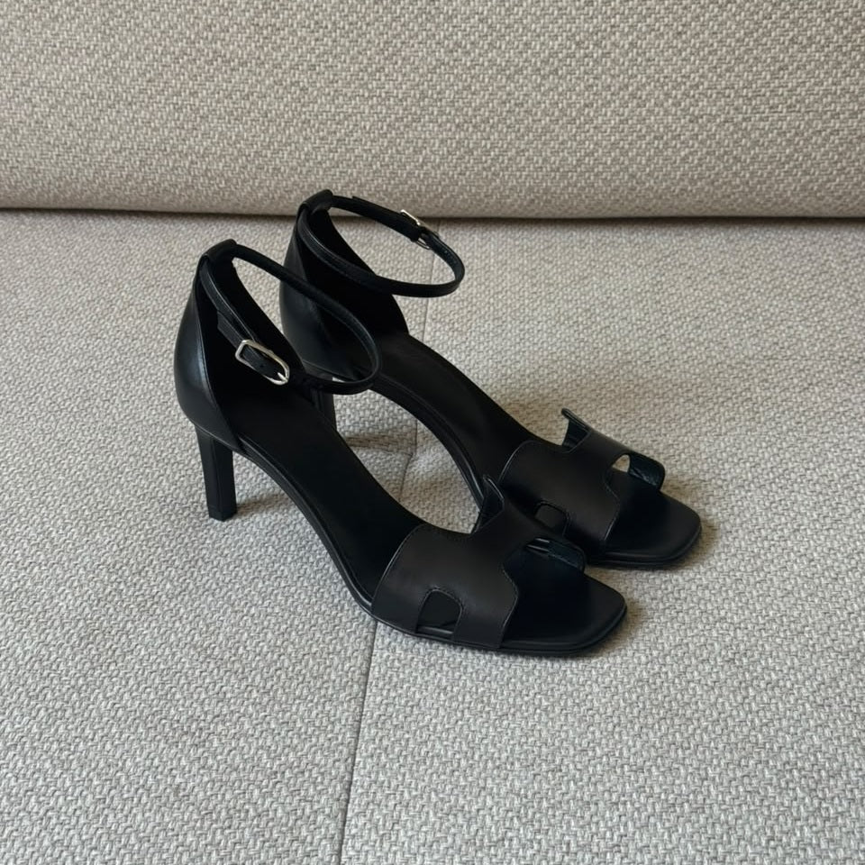 Hermès Black Leather Joy Sandals - Size 37.5