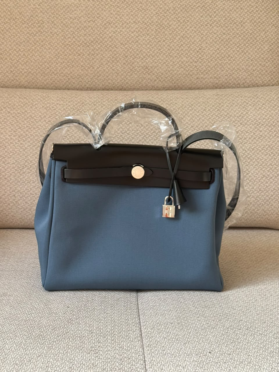 Hermès Herbag 31 Bleu Jean / Black PHW Top Handle with Strap