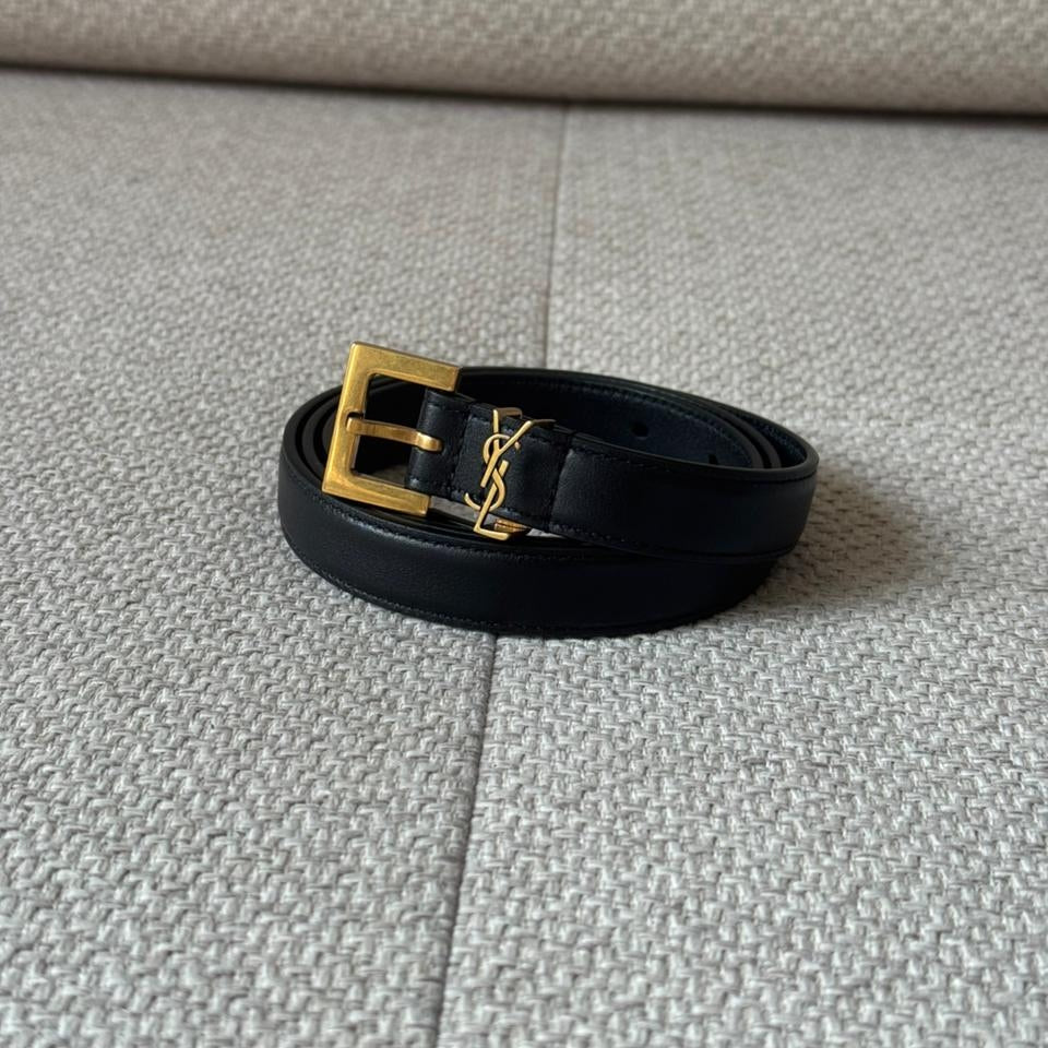 Saint Laurent Black Cassandre Thim Belt - Size 85