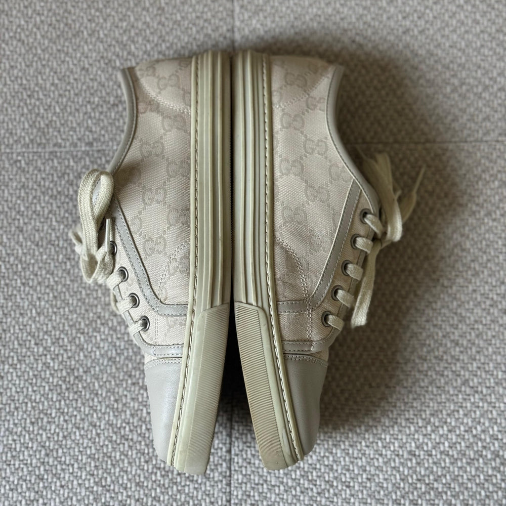 Gucci Off-White Leather and Canvas GG Low Top Sneakers - Size 38