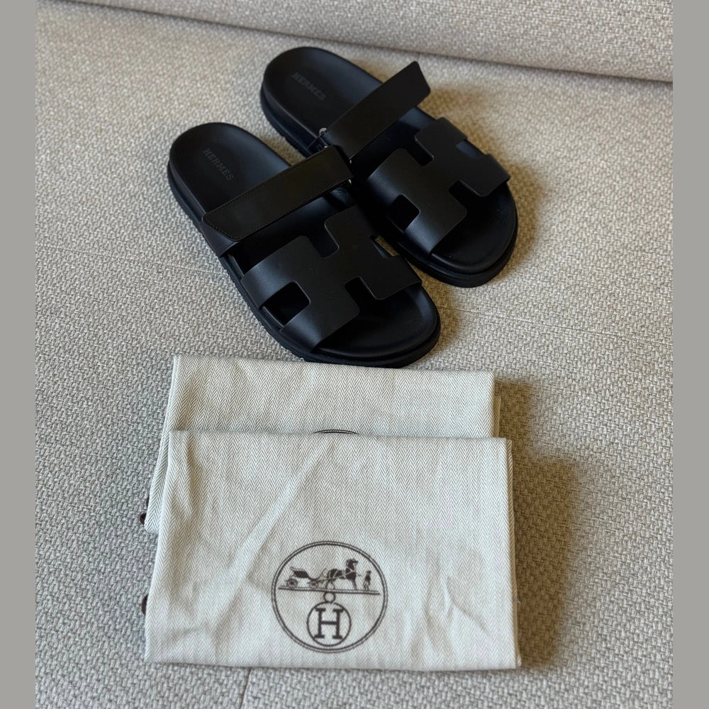 Hermès Black Calfskin Leather Chypre Sandals - Size 39