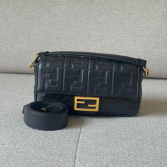 Fendi Black Embossed Nappa Leather Baguette Bag with Strap