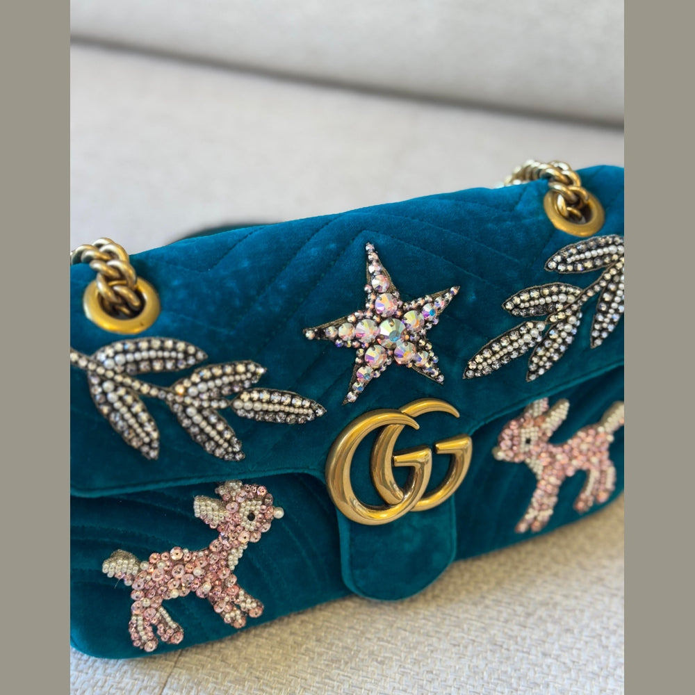 Gucci Velvet Embellished GG Marmont Shoulder Bag