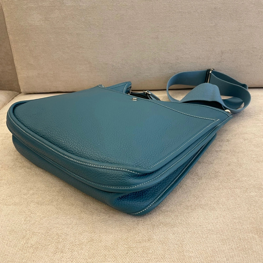 Hermès Evelyne GM in Blue Clemence Leather with Crossbody Strap and Entrupy Certificate