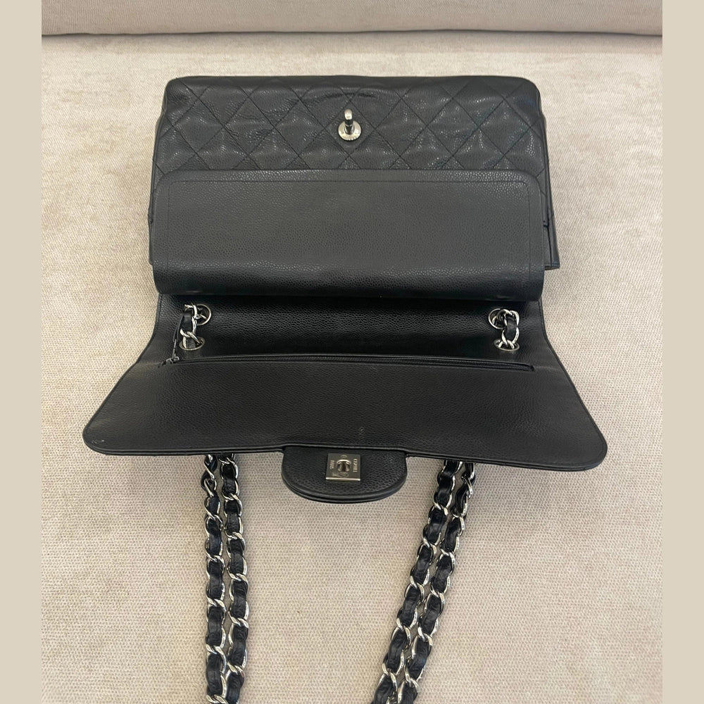 Chanel Black Caviar Leather Jumbo Double Flap Bag Silver Hardware with Entrupy Certificate