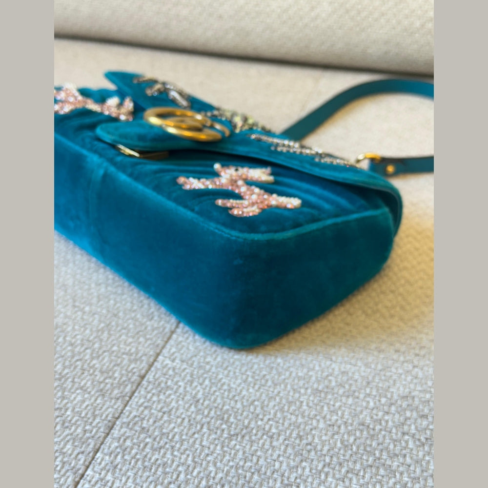 Gucci Velvet Embellished GG Marmont Shoulder Bag