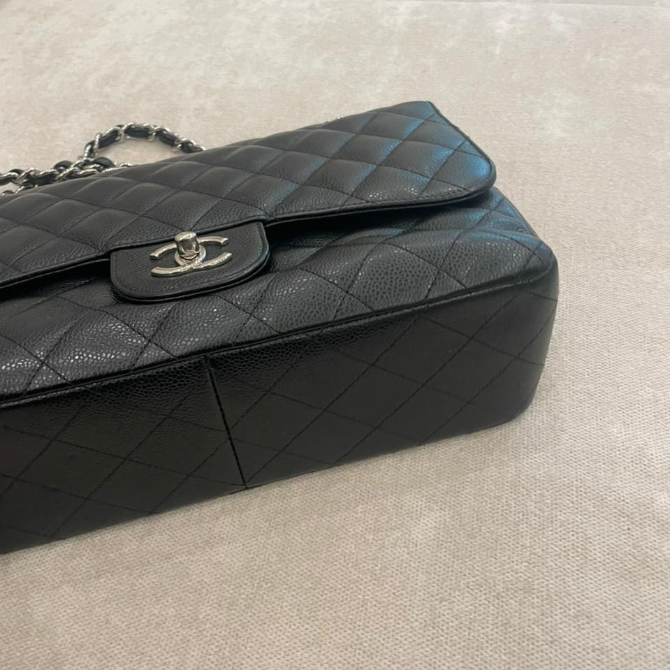 Chanel Black Caviar Leather Jumbo Double Flap Bag Silver Hardware with Entrupy Certificate