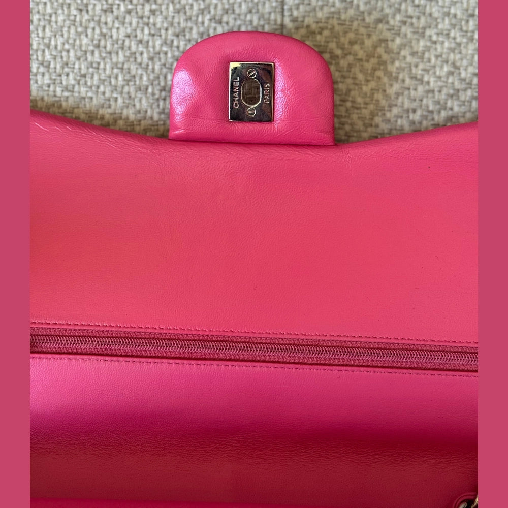 Chanel Quilted Lambskin Leather Pink Jumbo Double Flap Bag (Restored)