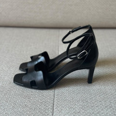 Hermès Black Leather Joy Sandals - Size 37.5