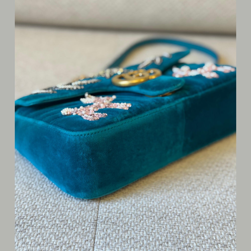 Gucci Velvet Embellished GG Marmont Shoulder Bag