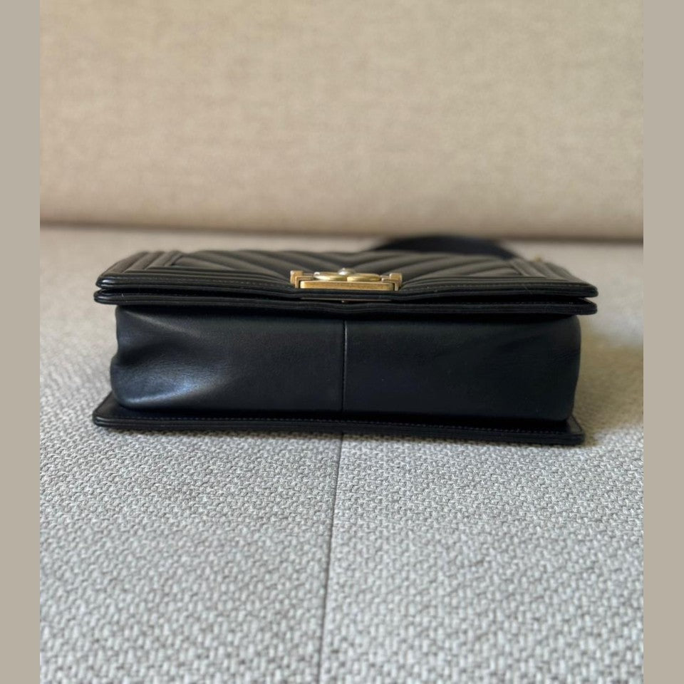 Chanel Black Chevron Leather Medium Boy with Gold Hardware