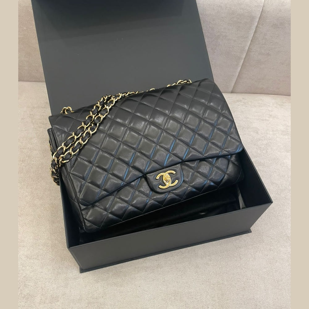 Chanel Black Maxi Lamskin Double Flap Shoulder Bag with GHW