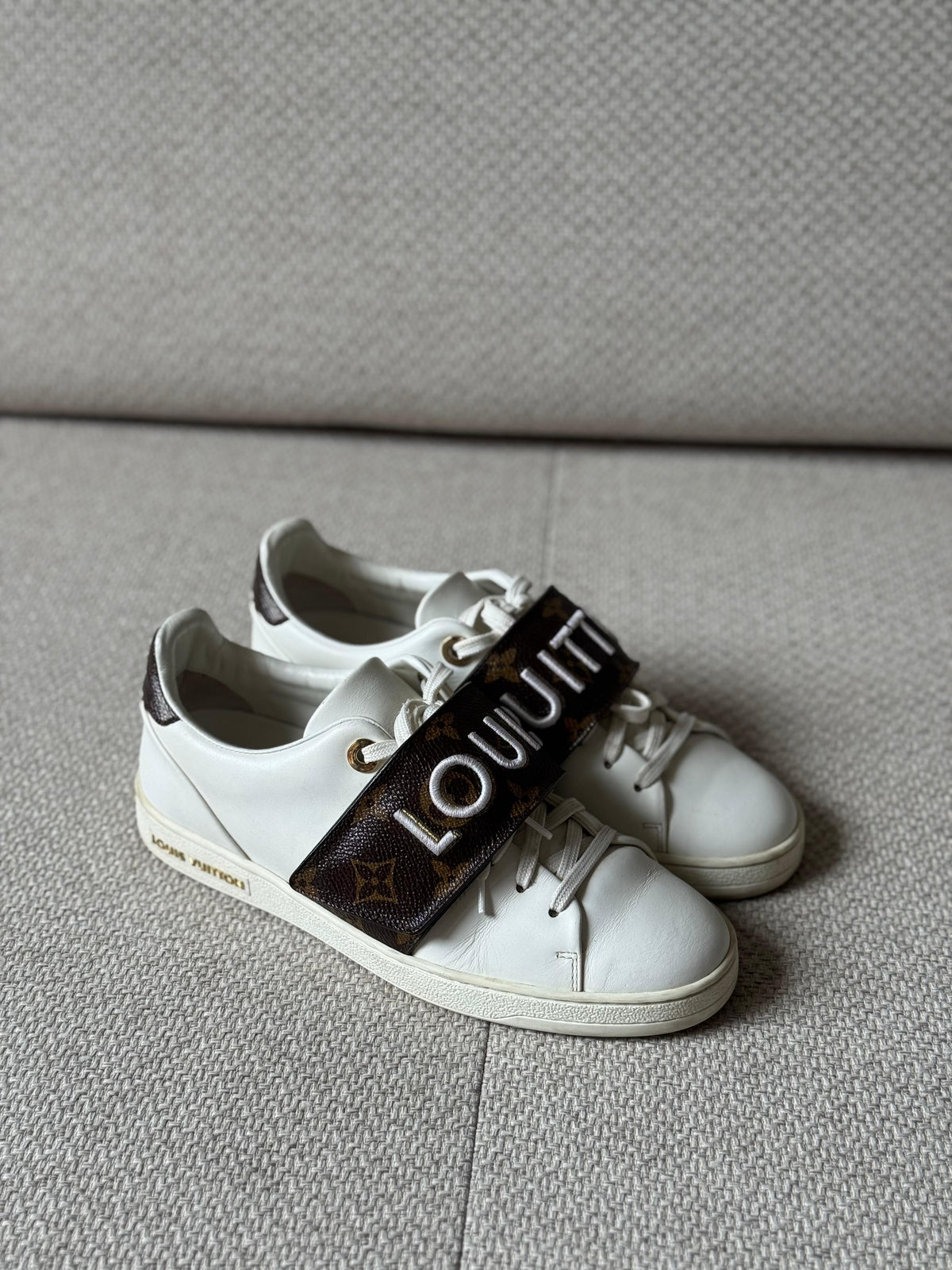 Louis Vuitton White Leather Frontrow Monogram Strap Sneakers - Size 36 fits 37