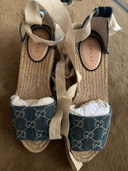 Gucci Denim Wedge Espadrille Sandals - Size 37