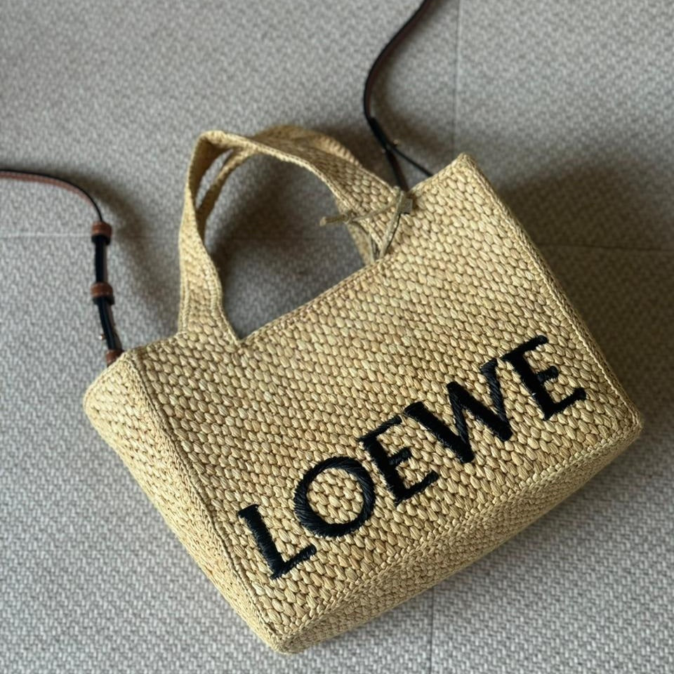 Loewe Raffia Small Font Tote with Crossbody Strap