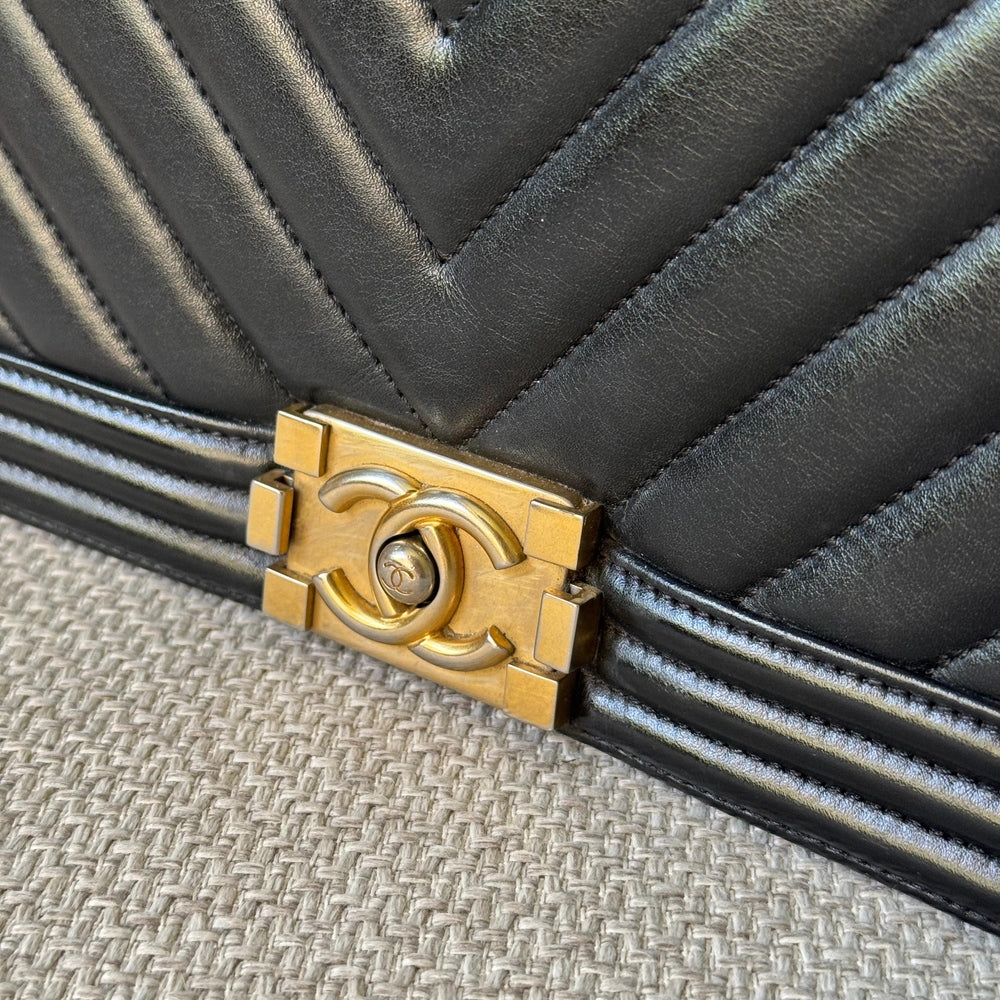 Chanel Black Chevron Leather Medium Boy with Gold Hardware