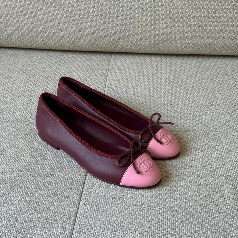 Chanel Burgundy & Pink Lambskin Cap Toe CC Ballerina Flats – Size 37