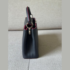 Louis Vuitton Black Grained Leather with Burgundy Trim Capucines BB Top Handle with Strap