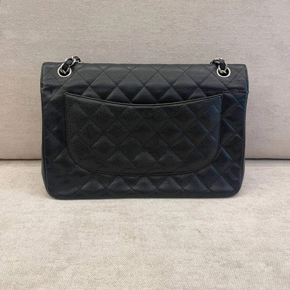 Chanel Black Caviar Leather Jumbo Double Flap Bag Silver Hardware with Entrupy Certificate