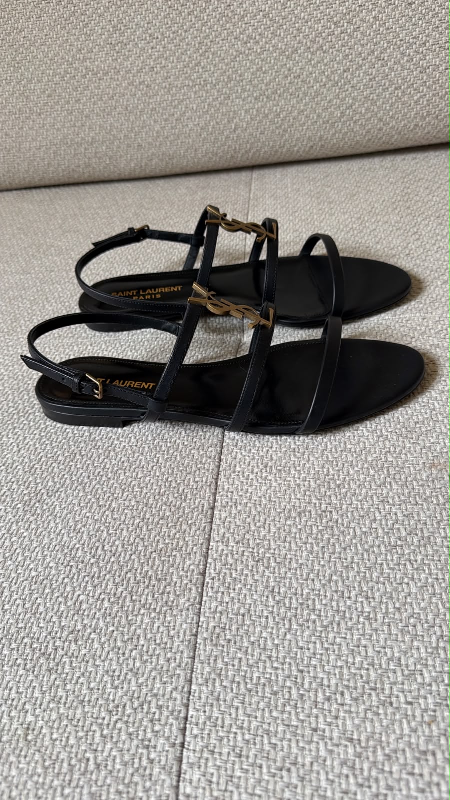 Saint Laurent Black Cassandre Flat Sandals – Size 38