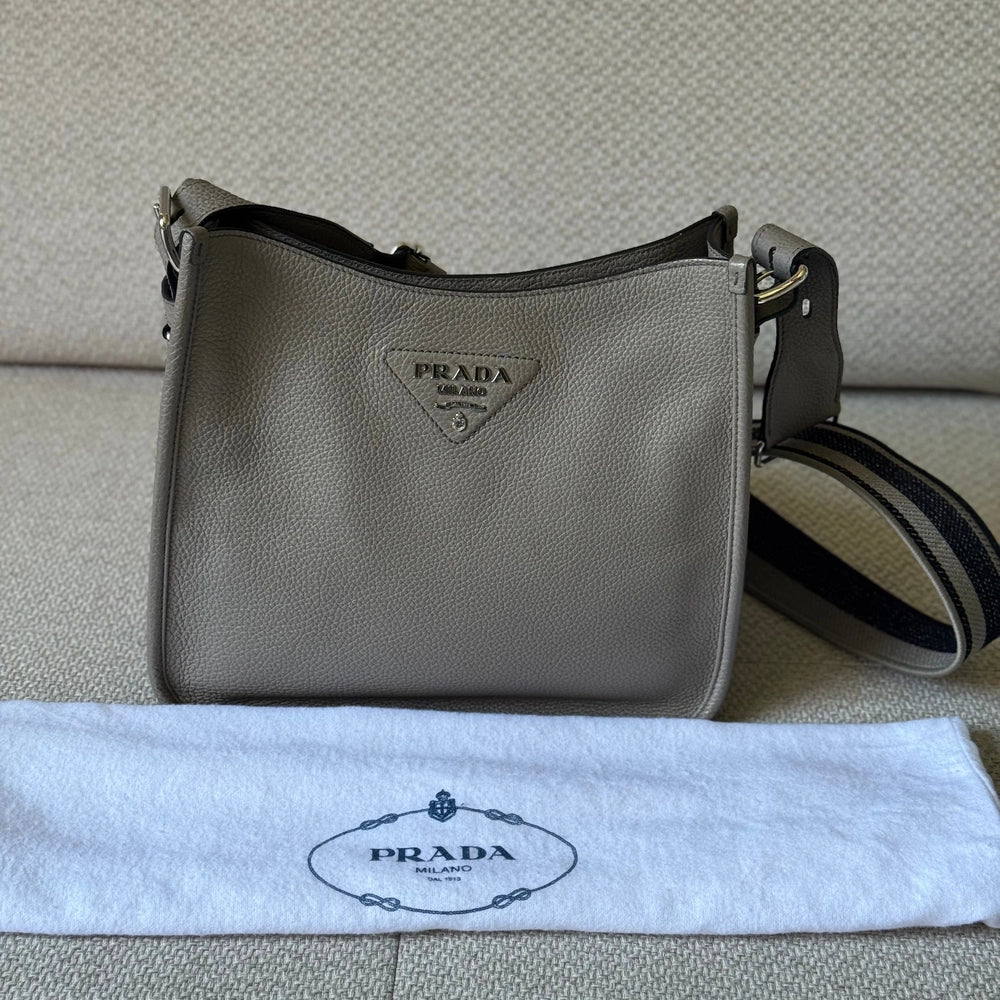 Prada Grey Leather Messenger Bag with Canvas Strap