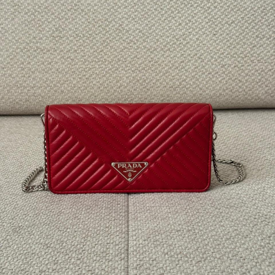 Prada Diagramme Red Quilted Wallet on Chain