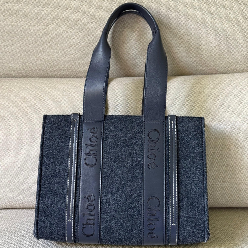 Chloé Navy Blue Woody Wool Tote