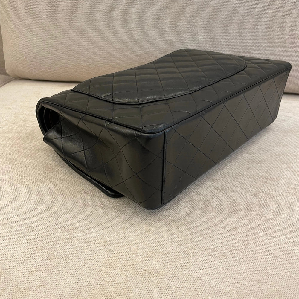 Chanel Black Maxi Lamskin Double Flap Shoulder Bag with GHW